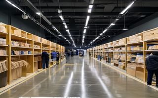 hth平台正品保障展示区，专业工作人员在整洁明亮的仓库中核验商品，画面温暖专业